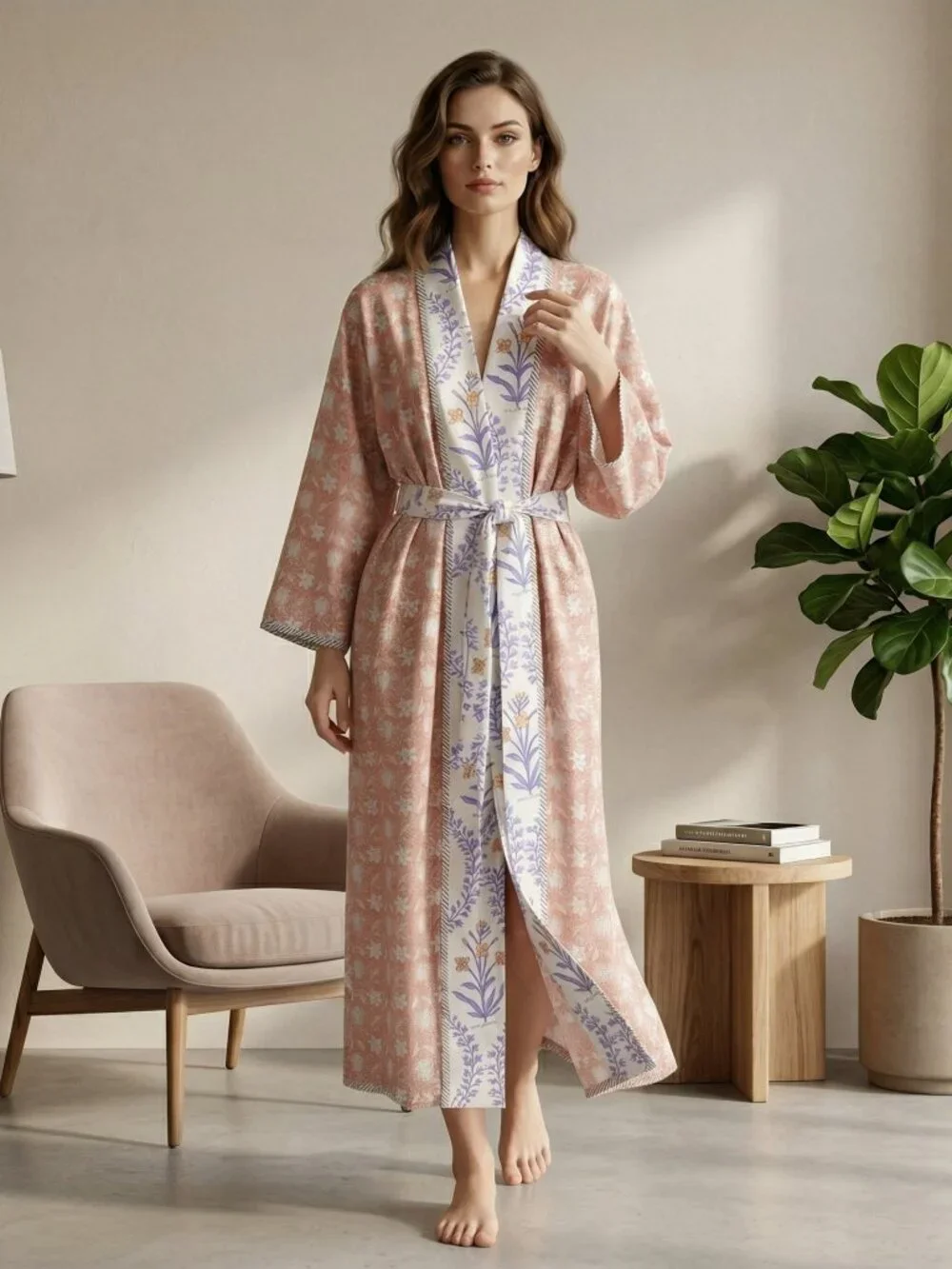 Reversible Cotton Kimono Robe, Hand Block Print Bathrobe, Floral Quilted for Her